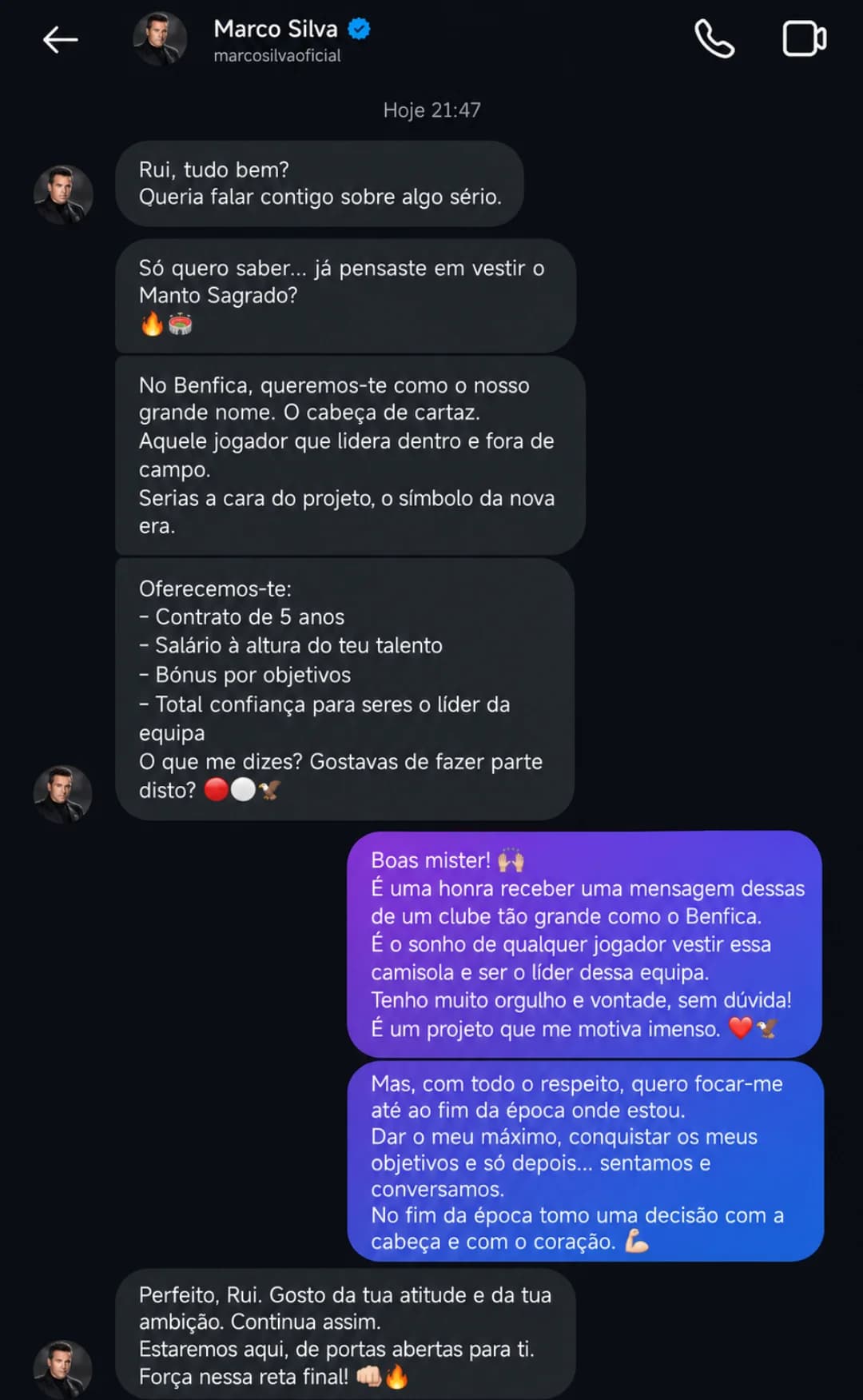 🗞 POSSÍVEL CONTRATAÇÃO?! • Foi divulgada uma conversa entre Rui e Marco Silva, treinador do Benfica • O treinador quer muito que Rui Alm…