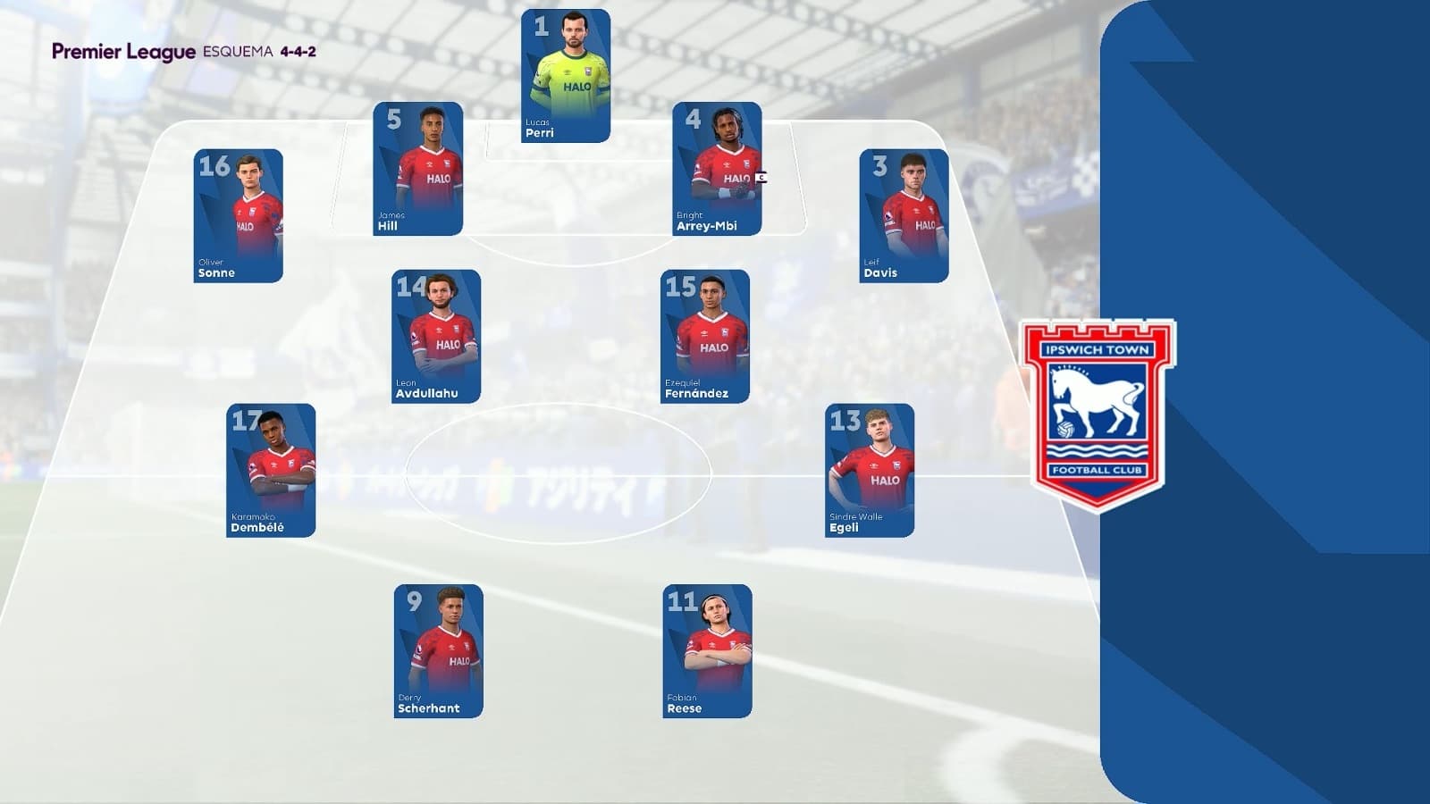 Ipswich no 4-4-2 de superação! A estratégia é compactação máxima com Fernández e Avdullahu fechando o centro. O plano espera punir o Chel…