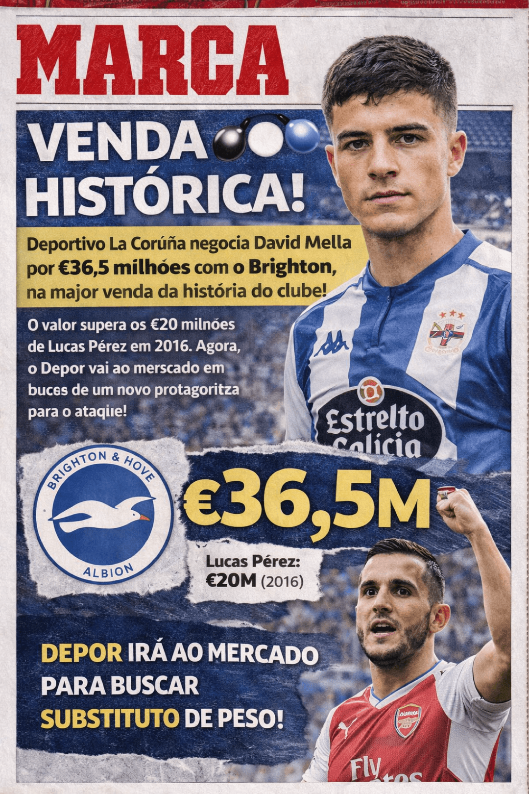 VENDA HISTÓRICA! Deportivo La Coruña negocia David Mella por €36,5 milhões com o Brighton, na maior venda da história do clube! O valor s…