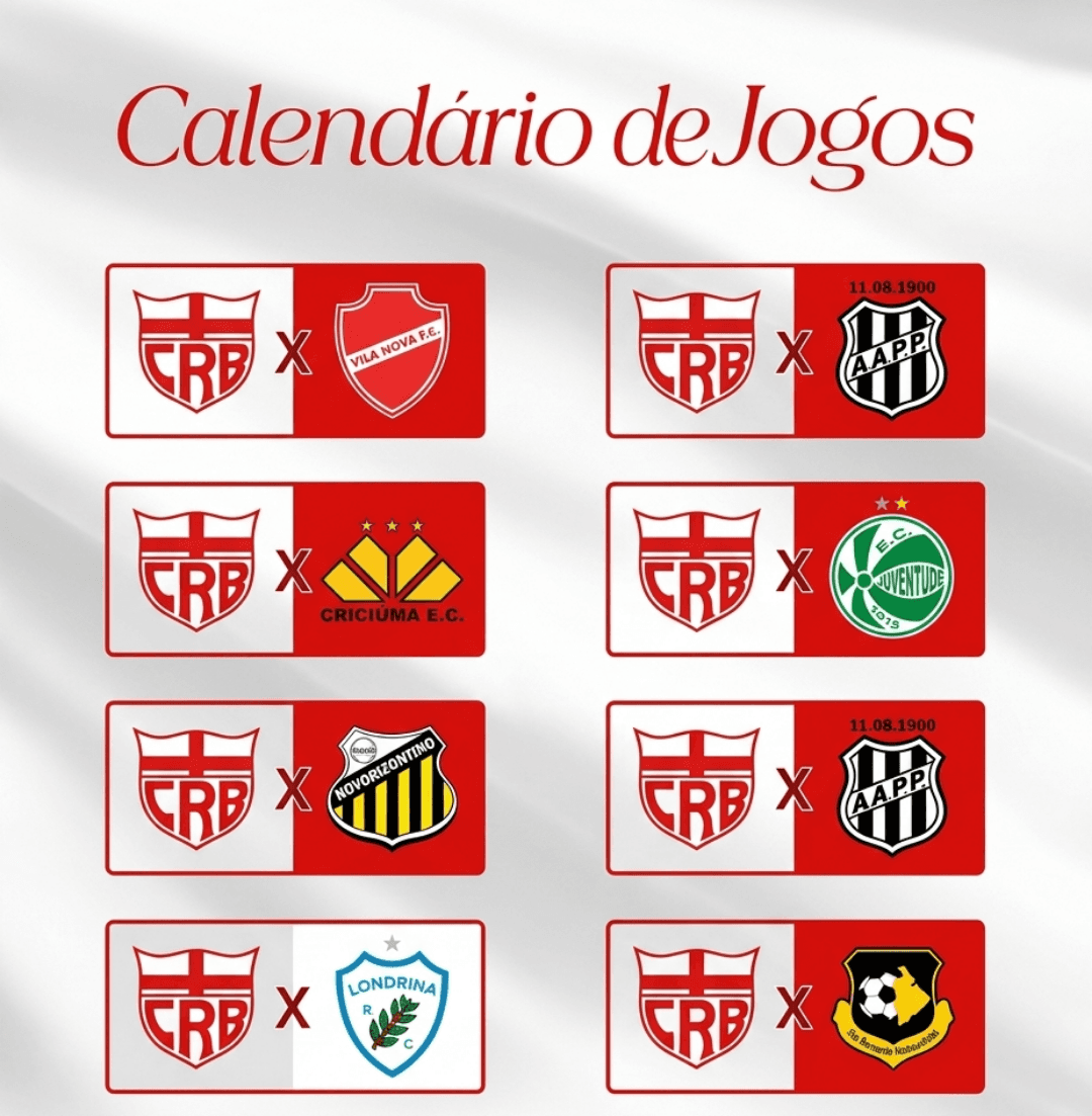 📅 AGENDA DE JOGOS | MAIO E JUNHO BRASILEIRÃO SÉRIE B: R9 CRB X Vila Nova R10 CRB X Criciúma R11 CRB X Novorizontino R12 CRB X Londrina R…