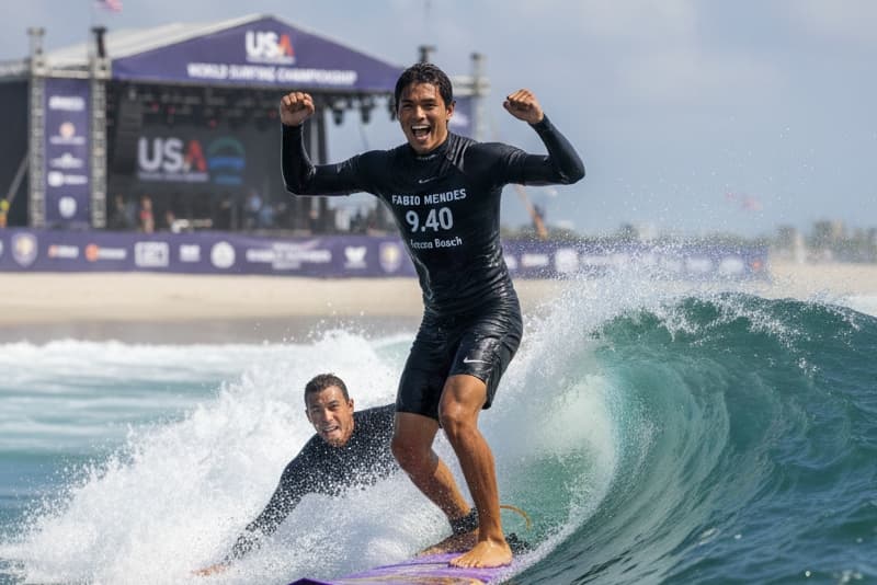 Fabio Mendes Voando no campeonato mundial de surf, ganhando de todos e aumentando a sua pontuação total. 💪🏽