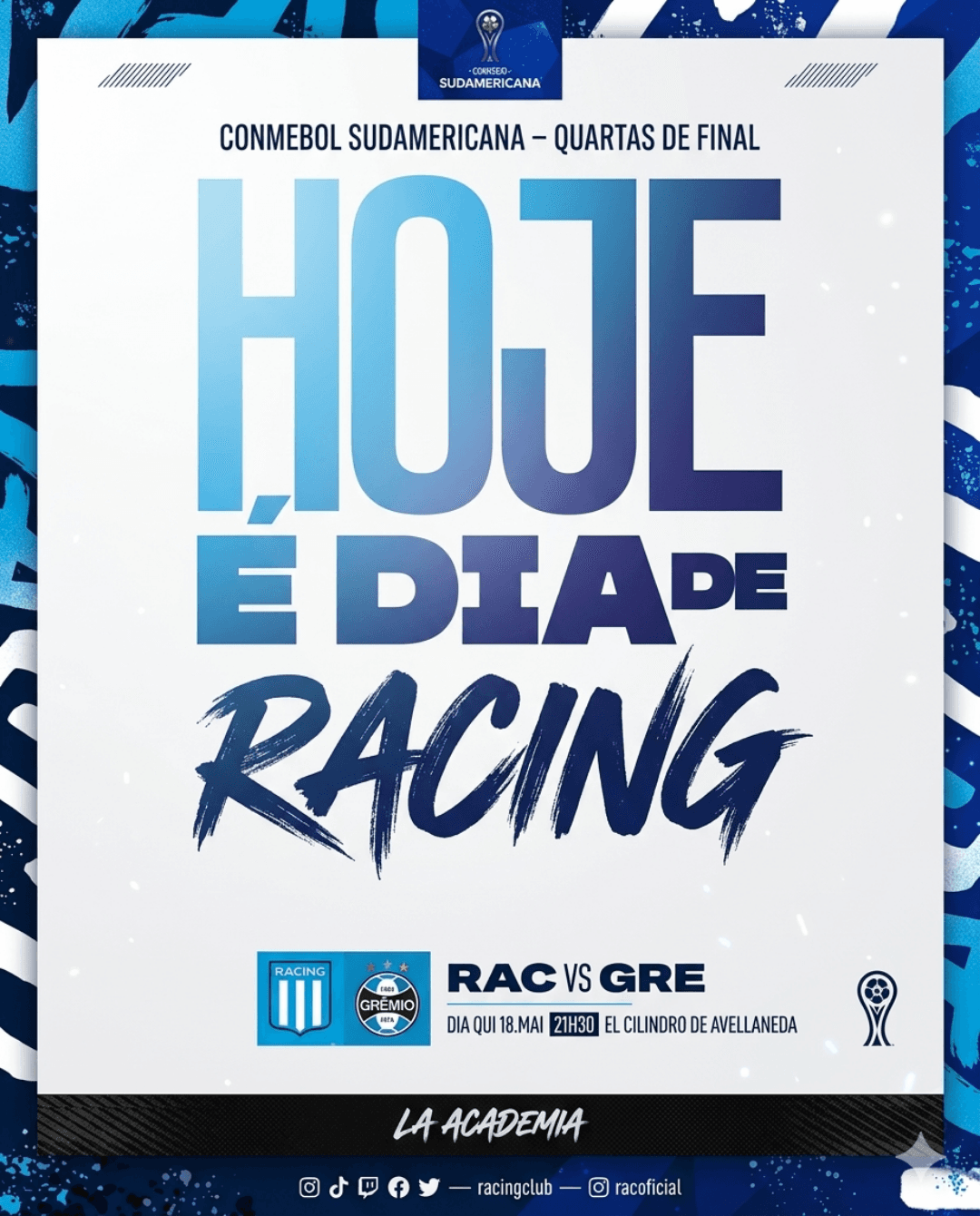 HOJE É DIA DE RACING! 🔵⚪🔥 🆚 Grêmio 🏆 Copa Sudamericana 🏟️ Estadio Presidente Perón Vamos juntos por mais uma grande noite continenta…