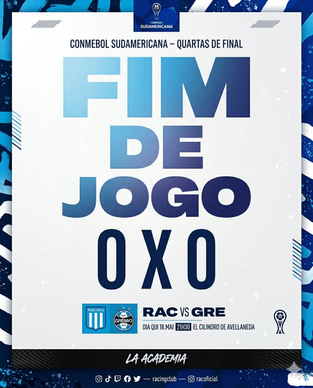 Fim de jogo pelas quartas da sudamericana! Racing Club 0 x 0 Grêmio Tudo igual no El Cilindro, agora a decisão será no próximo jogo de vo…