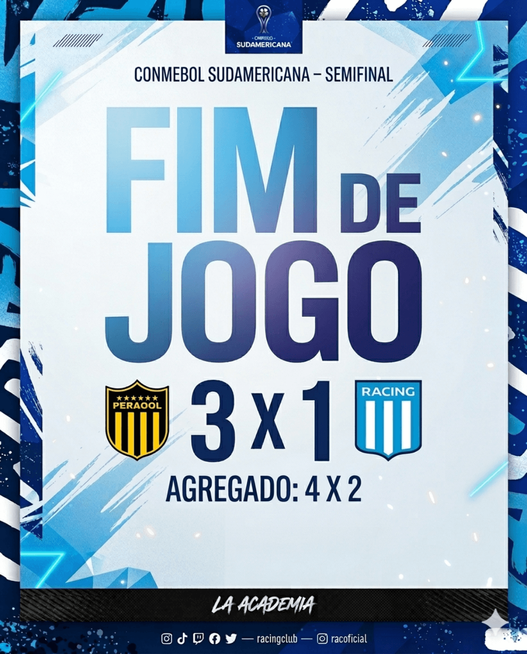 Fim de jogo. Peñarol 3–1 Racing Club Com o resultado, a equipe se despede da Copa Sudamericana nas semifinais.