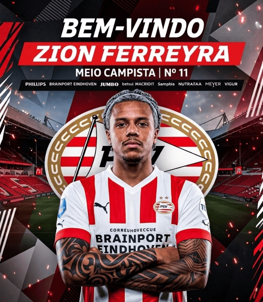 NOVO REFORÇO! 🔴⚪ Zion Ferreyra é o novo reforço do PSV Eindhoven para o restante da temporada. O atacante chega para fortalecer o elenco…