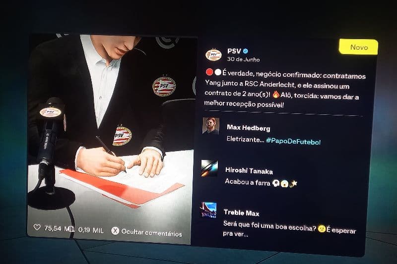 Estou feliz de estar fechando contrato com o PSV, um grande clube holandês, campeão de Champions e com uma linda história. Vamos conquist…