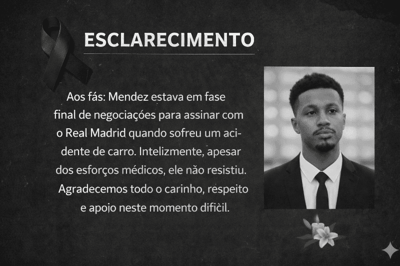Aos fãs: Mendez estava em fase final de negociações para assinar com o Real Madrid quando sofreu um acidente de carro. Infelizmente, apes…