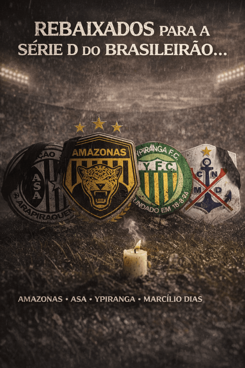 Amazonas, ASA, Ypiranga e Marcílio Dias são rebaixados para a Série D do Brasileirão após campanha difícil e fim de temporada amargo. (FI…