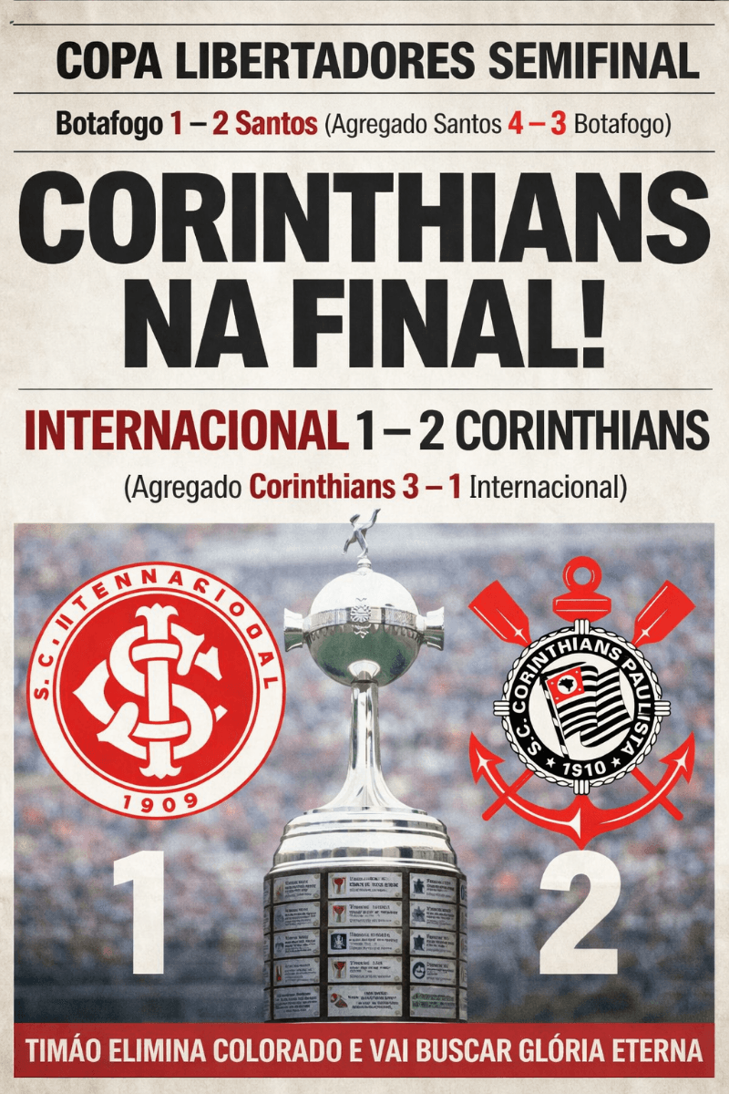 CORINTHIANS NA FINAL DA LIBERTADORES! 🏆 O Timão vence o Internacional por 2–1 fora de casa e fecha o agregado em 3–1. Campanha sólida, d…