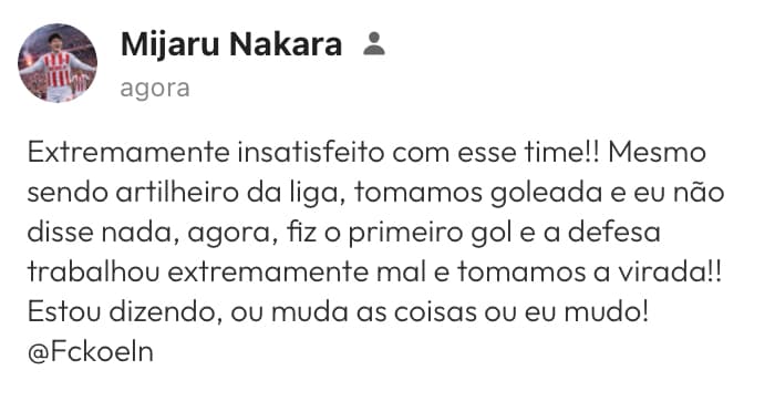 🚨TRETA🚨 Mijaru diz que está extremamente insatisfeito com clube e promove mudanças! Exclama que sairá se as mesmas não acontecerem! EIT…