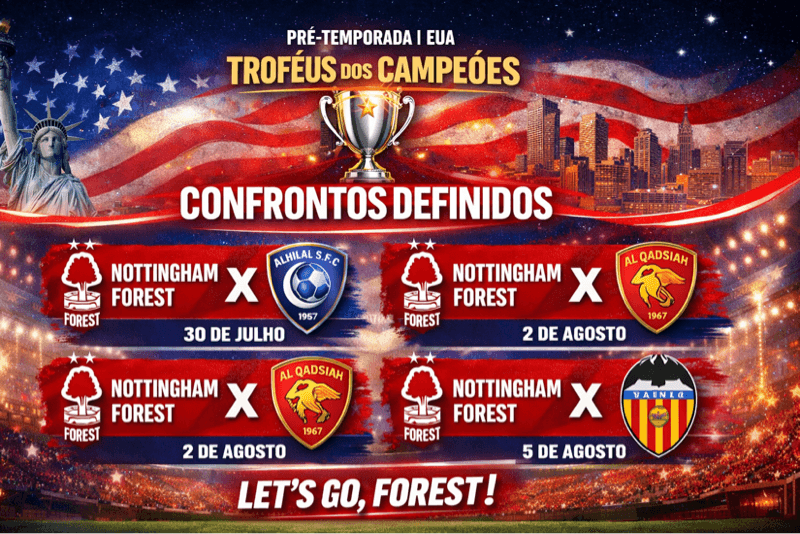 Confrontos definidos 🇺🇸🏆 O Nottingham Forest disputa o Troféus dos Campeões nos EUA: 🆚 Al Hilal – DRV PNK Stadium (Inter Miami) 🆚 Al…