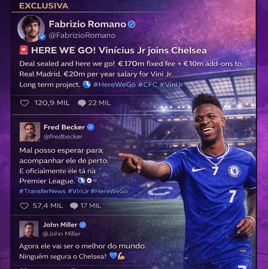 🚨HERE WE GO! Vinicius Jr é AZUL 🔵⚫️ €150 milhões de Euros + Bônus. 🤑💸