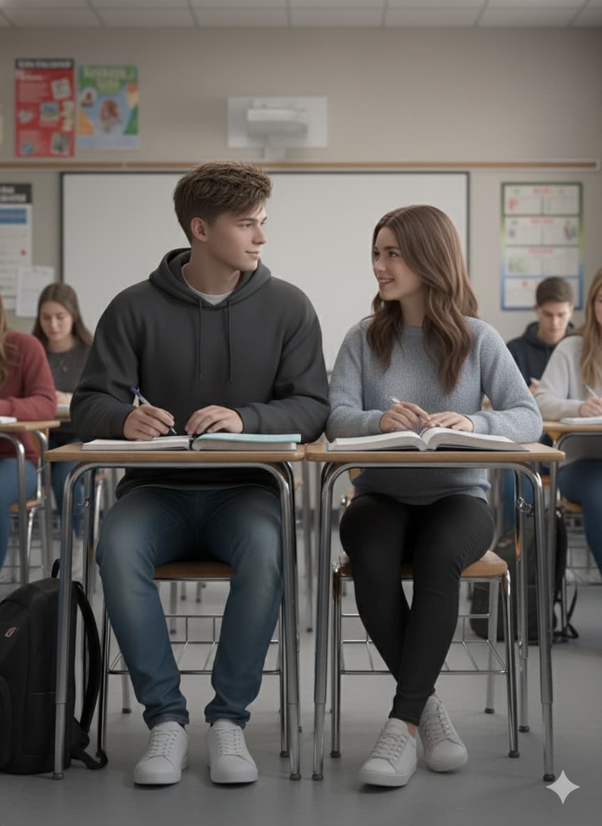 Hora de estudar! O professor decidiu passar trabalho em dupla pra casa, então chamei a mais inteligente da turma.