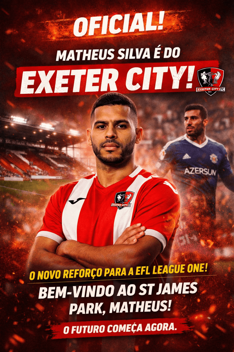 🔥 OFICIAL! Matheus Silva é o novo reforço do Exeter City! 🔴⚪ O lateral-direito chega após passagem pelo Qarabağ FK para fortalecer o el…
