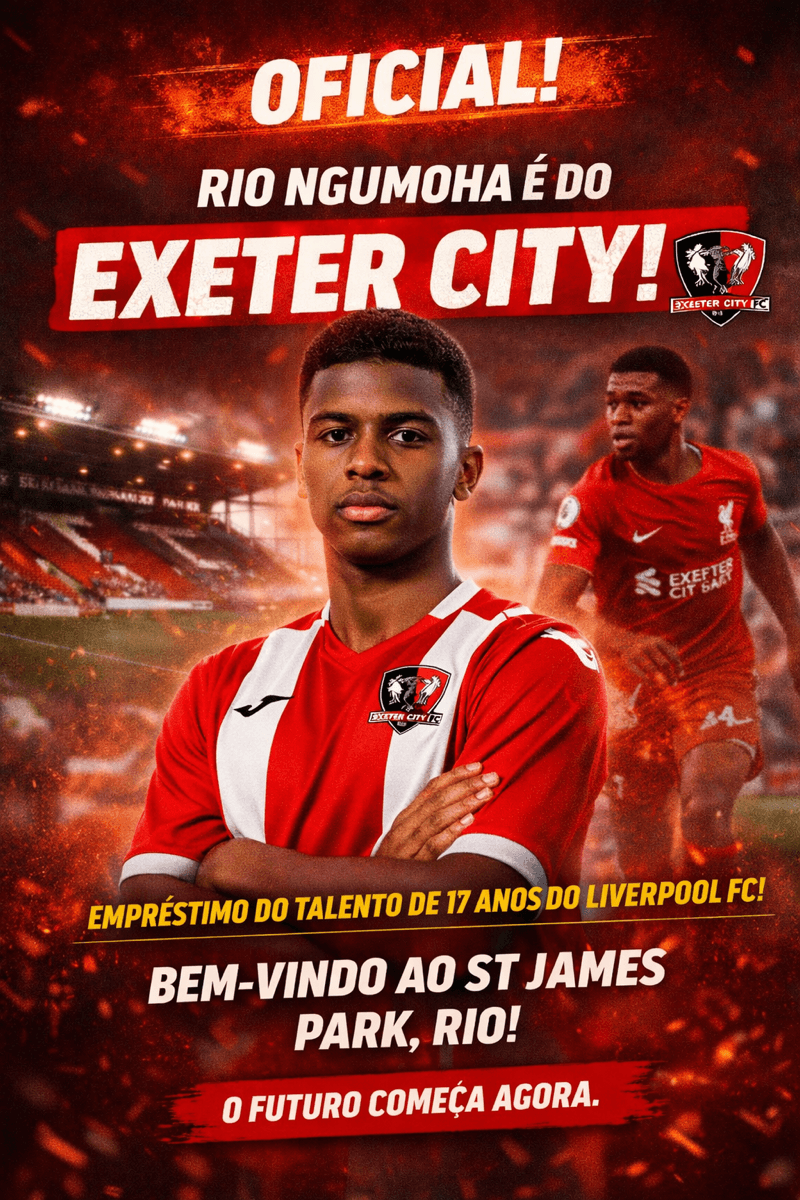 🔥 OFICIAL! Rio Ngumoha é do Exeter City! 🔴⚪ O ponta esquerda de 17 anos chega por empréstimo do Liverpool FC para a disputa da EFL Leag…