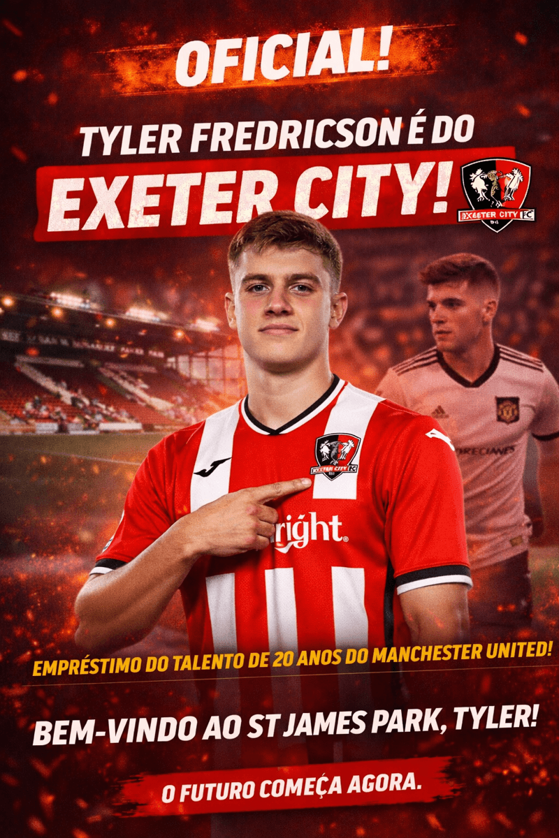 🔥 OFICIAL! O Exeter City anuncia a contratação por empréstimo do zagueiro Tyler Fredricson, 20 anos, vindo do Manchester United. Jovem, …