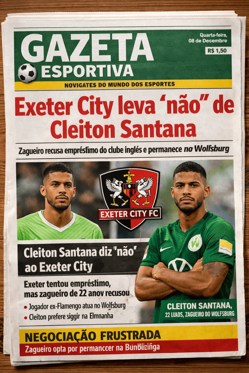 Exeter City tentou o empréstimo do zagueiro Cleiton Santana dos Santos, 22 anos, ex-Flamengo e atualmente no Wolfsburg 🇩🇪. O clube ingl…