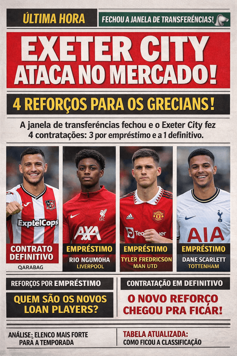 🗞️ FECHOU A JANELA! O Exeter City foi ativo no mercado e anunciou 4 reforços para a temporada: Matheus Silva em definitivo e os jovens R…