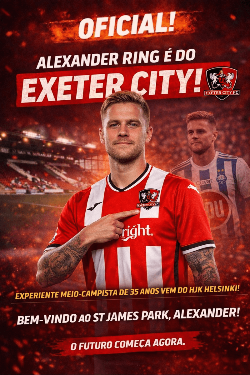 OFICIAL! 📝⚽ Alexander Ring é do Exeter City! O experiente meio-campista de 35 anos chega do HJK Helsinki para reforçar o time com lidera…