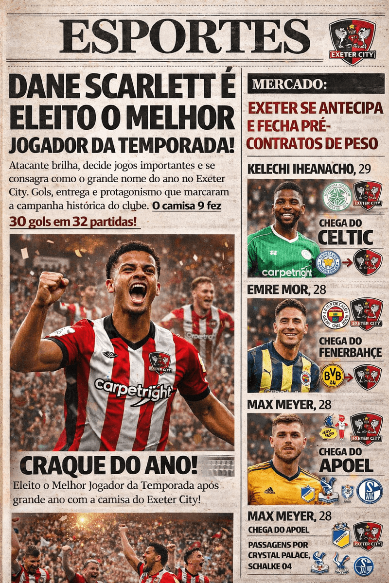🗞️🔴⚪ ANO HISTÓRICO NO EXETER CITY! Dane Scarlett é eleito o melhor da temporada com 30 gols em 32 jogos, enquanto o clube se antecipa n…