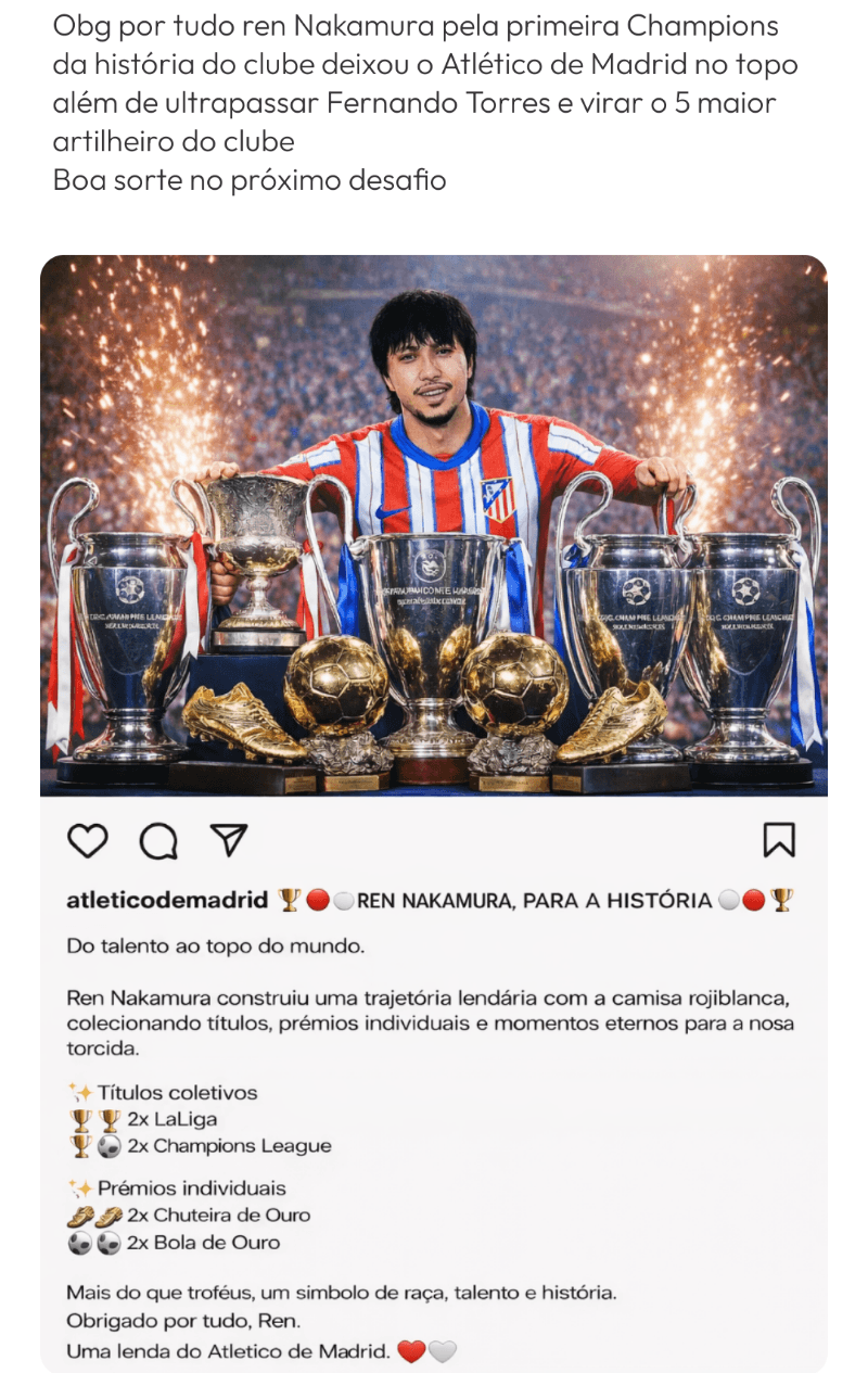 Gracias, Atlético de Madrid, por la oportunidad, por la historia que hemos construido. Soy un aficionado apasionado desde hoy. Nunca es u…