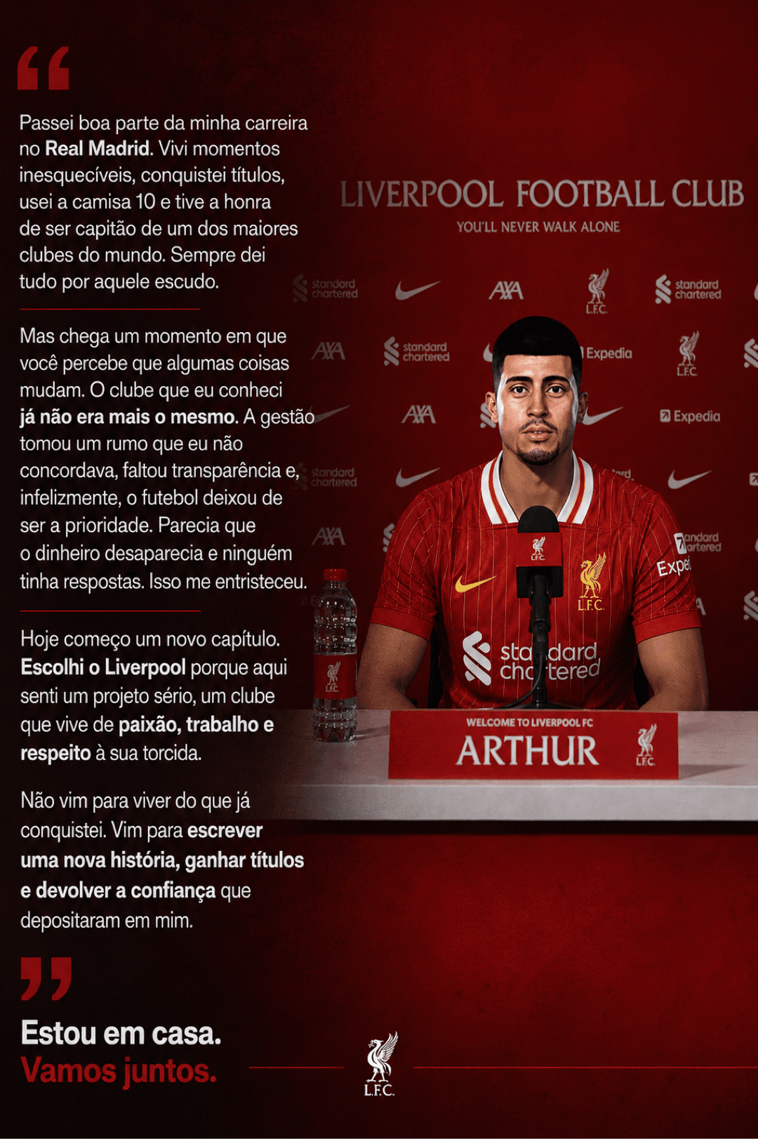Arthur foi apresentado e deu suas primeiras palavras, dando aquela cutucada na diretoria merengue.