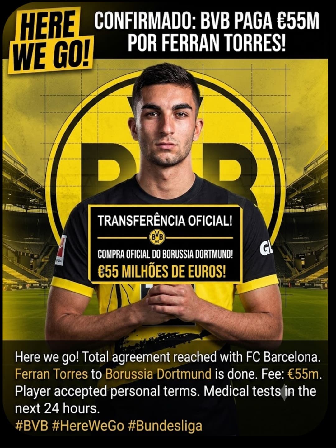 DE CASA NOVA🟡⚫️ Em fim de contrato o Borrusia Dortmund fecha a contratação do jogador Ferran Torres por 55 milhões de euros! O que achar…