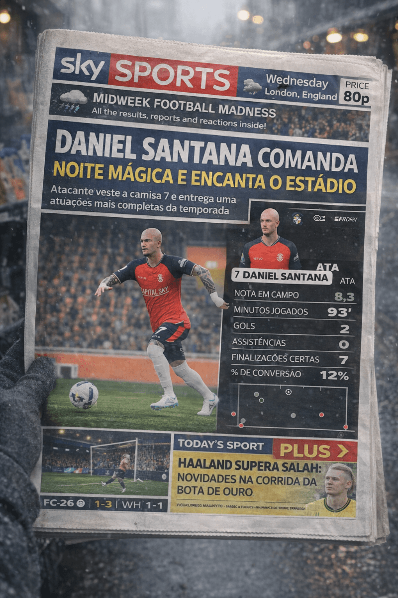 Notícias 🗞️ Do Sky Sports 📰 Atuação fantástica de Daniel Santana virou manchete do Jornal mais renomeado da Inglaterra 😳🎩