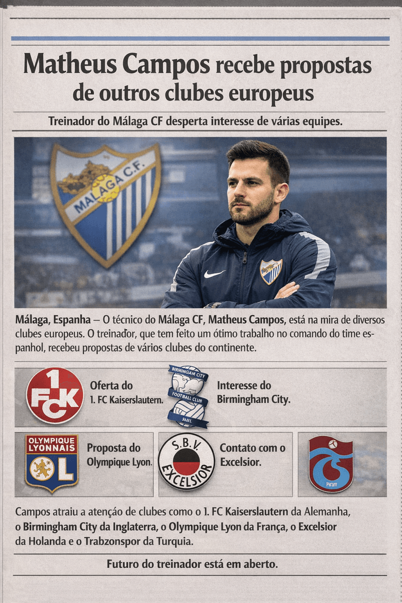 Parece que o treinador do Málaga recebeu 5 propostas de clubes europeus, após ter um ótimo trabalho no Málaga, e fica a dúvida se ele pod…