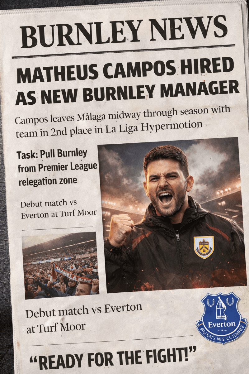 Matheus Campos assume o Burnley saindo do Málaga quase no fim do primeiro turno. Seu desafio é tirar o time da zona do rebaixamento da Pr…