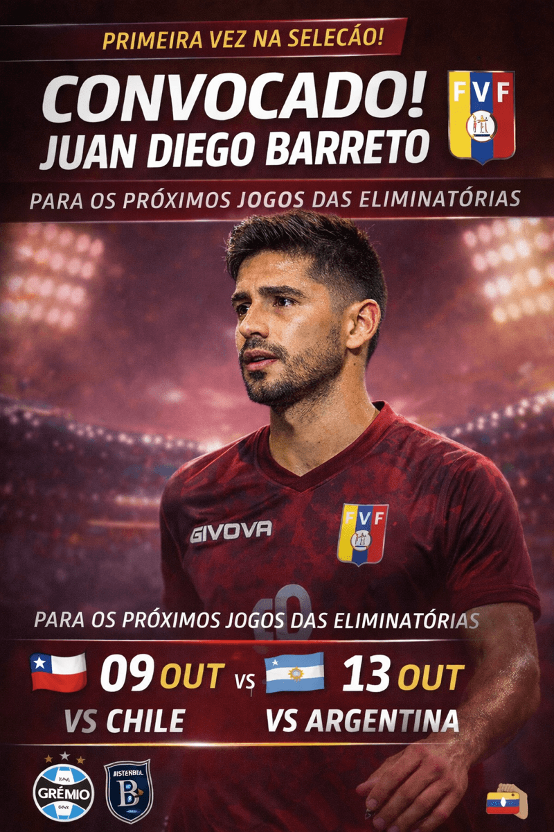 Aeeee Juan Diego Barreto foi convocado para a Seleção da Venezuela, tendo em vista seus primeiros jogos contra o Chile e a Argentina, e e…