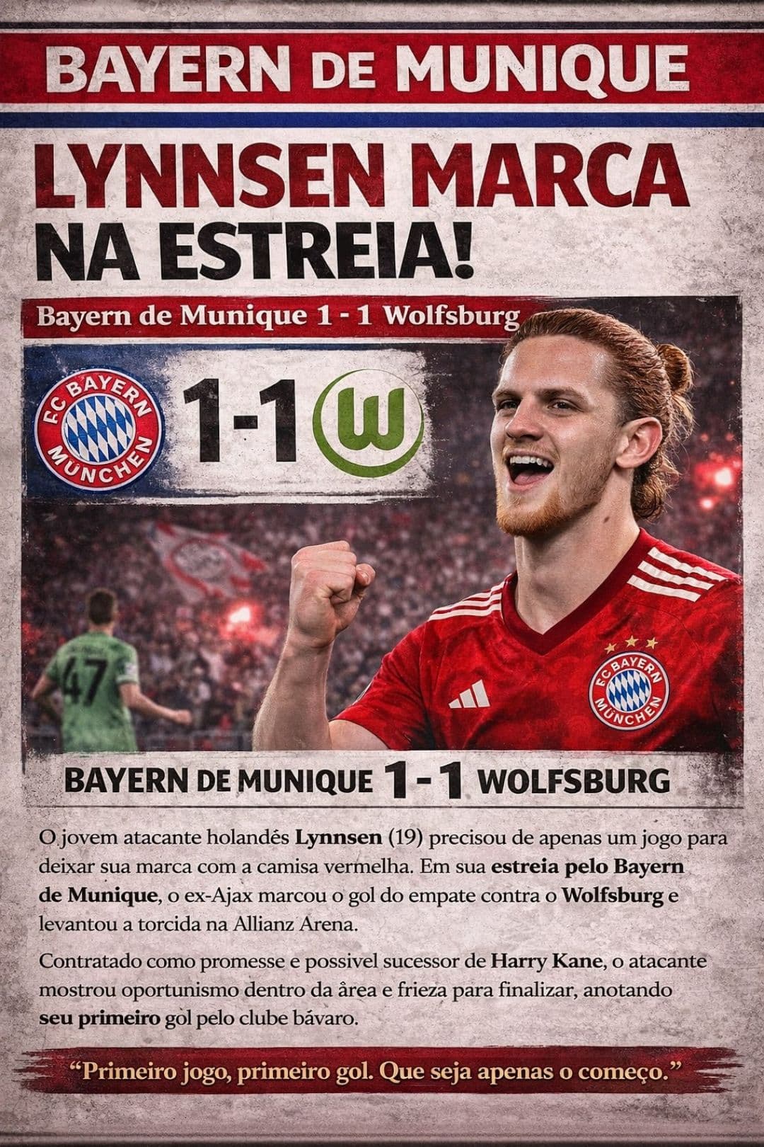 Lynnsen entra no segundo tempo para abrir o placar do jogo, mas Bayern termina 1x1 na estreia contra wolfsburg