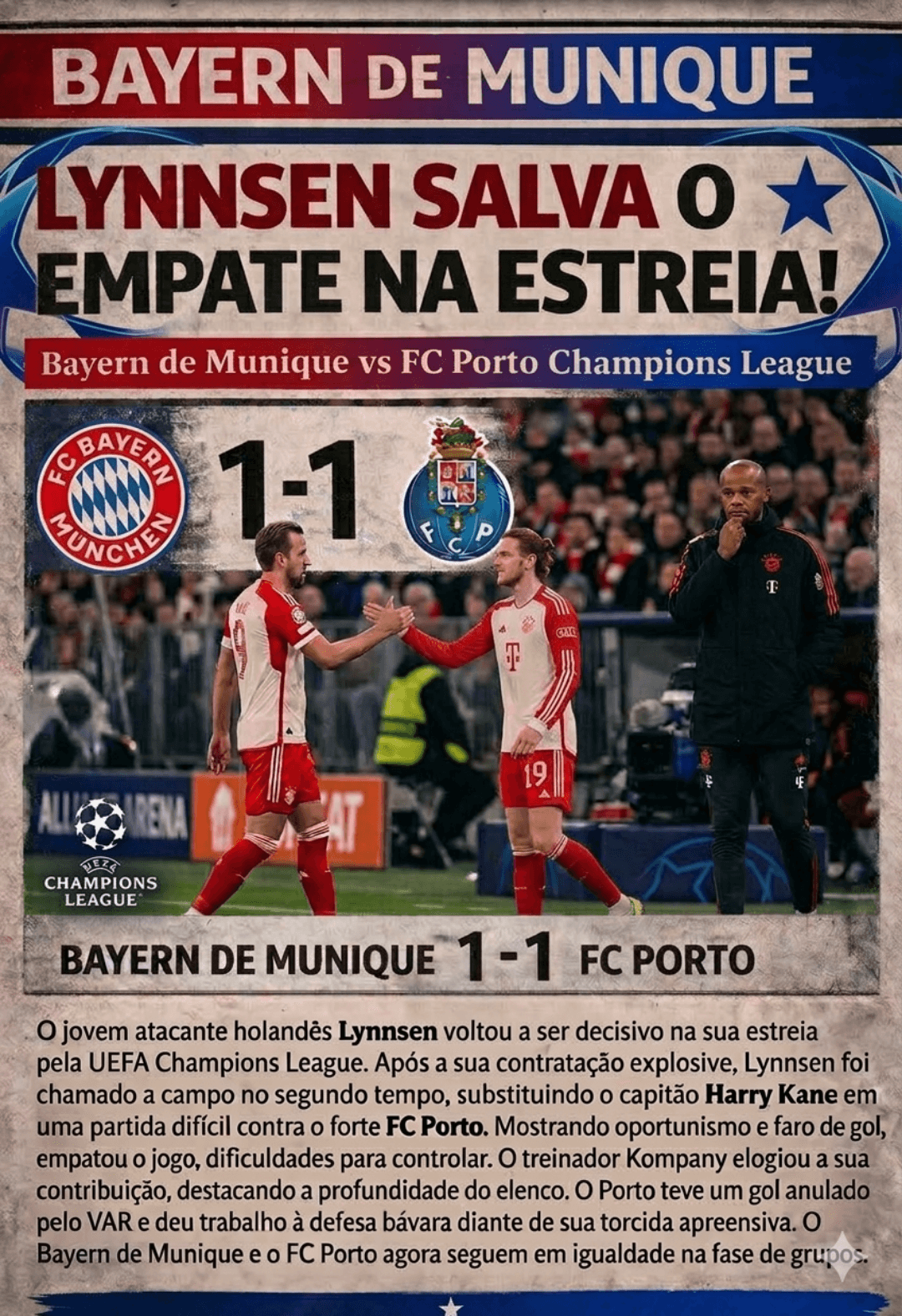Estreia na champions com empate Lynnsen entra no segundo tempo para evitar a derrota