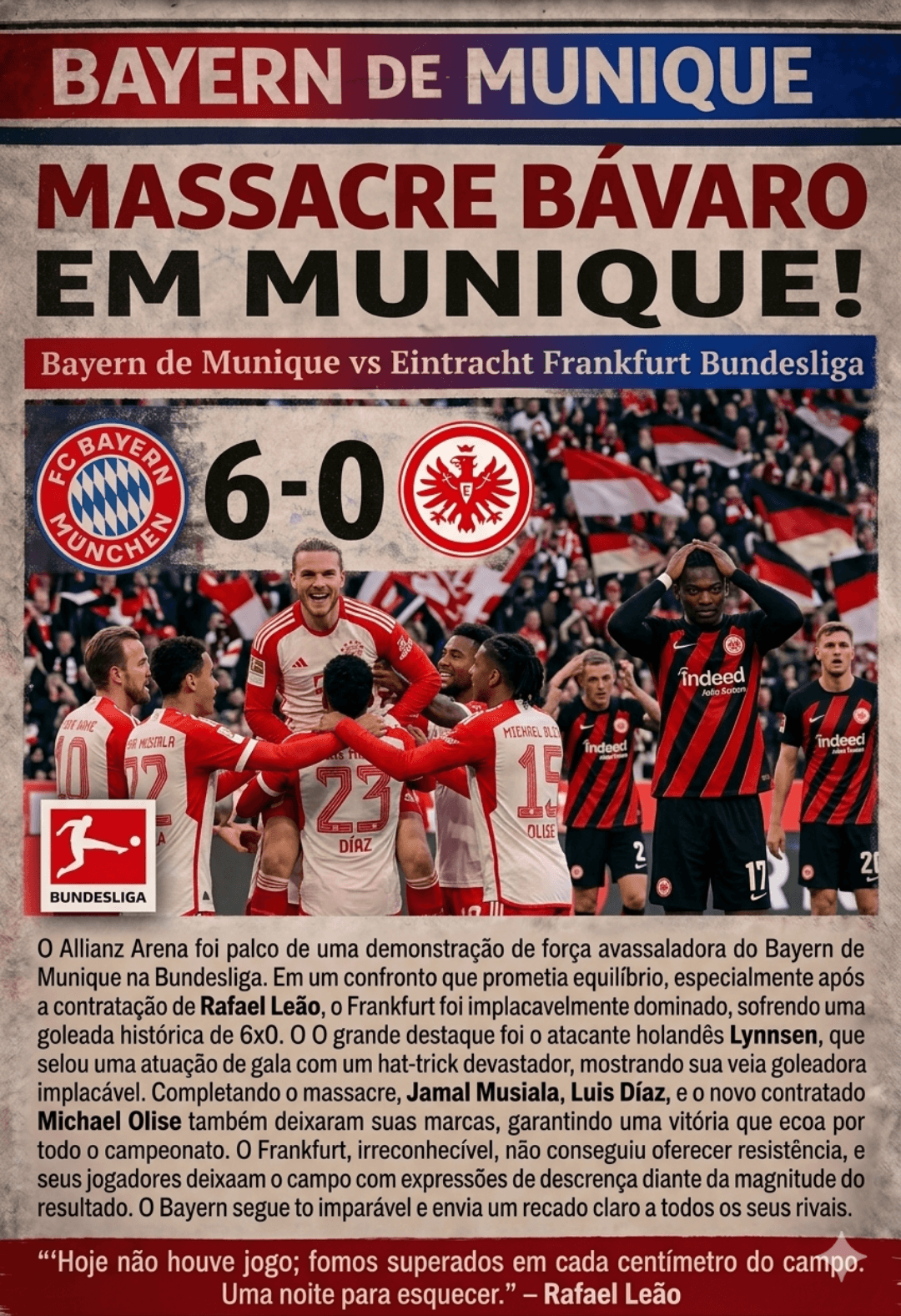 Bayern de Munique faz história e dá o troco de 6x0 sofrido no passado