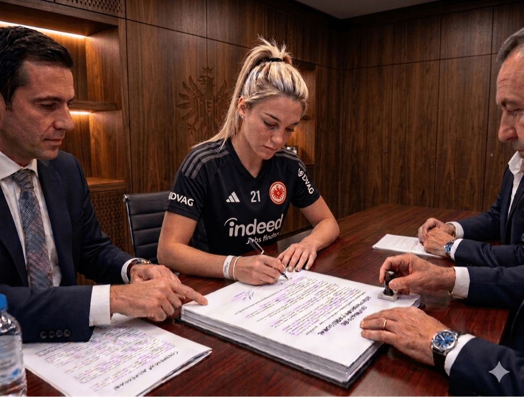 Antes do primeiro treino, assinei meu contrato oficialmente, agora sou jogadora do Eintracht Frankfurt ❤️🖤