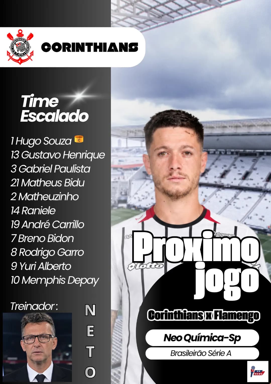 Corinthians escalado pra jogar contra o Flamengo confronto direto pela liderança