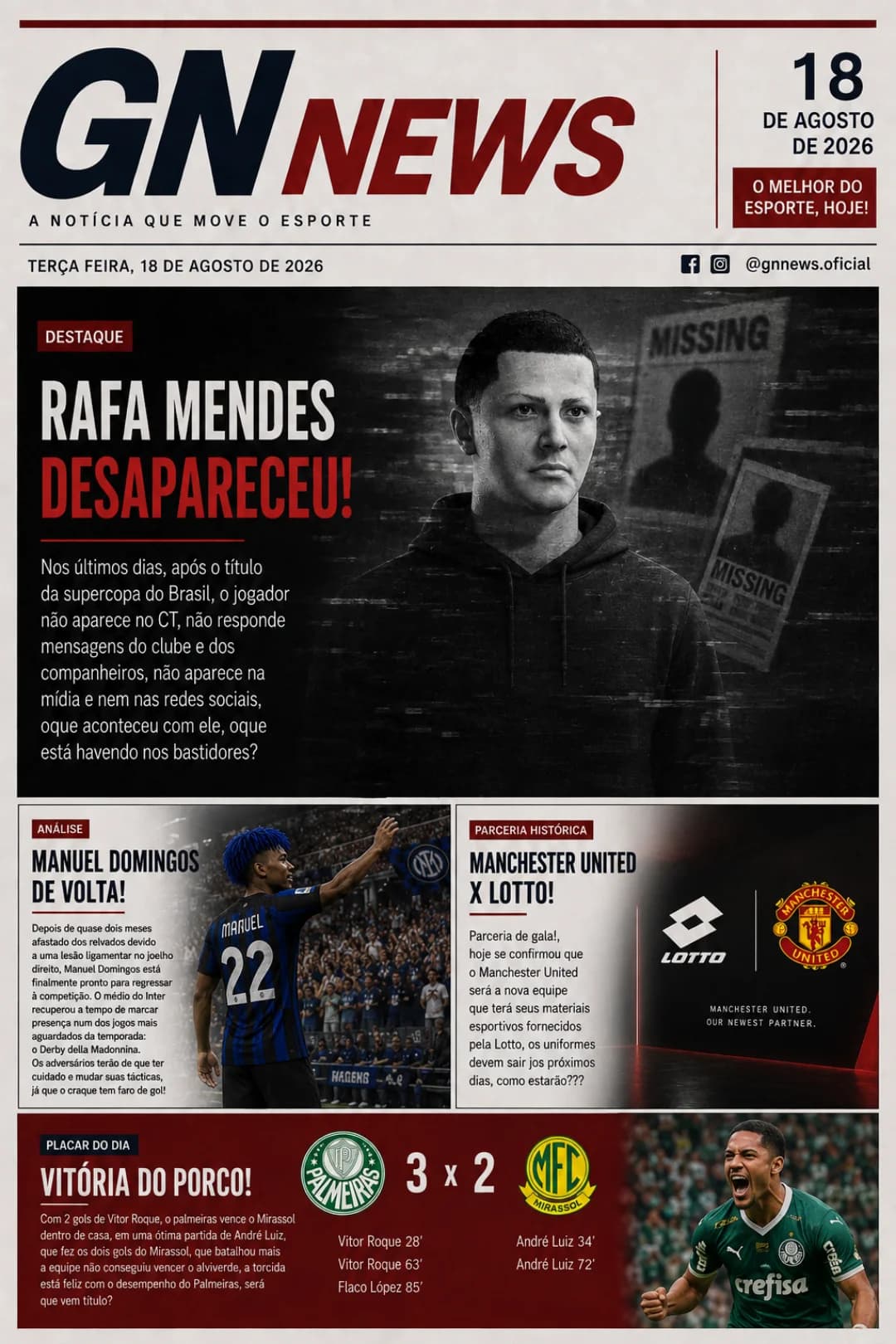 Novas notícias novo jornal 📰! Edição 18/08 Futebol raiz 🔥, só notícia braba no mundo da bola ! {@}[GN News](69af30a2bd87c239105c51c9)