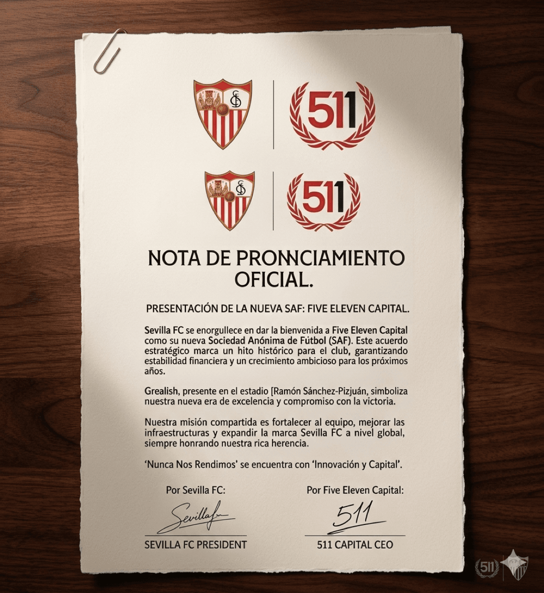NOTA DE PRONUNCIAMENTO OFICIAL PRESENTACIÓN DE LA NUEVA SAF: FIVE ELEVEN CAPITAL É oficial! O Sevilla FC inicia uma nova era histórica co…