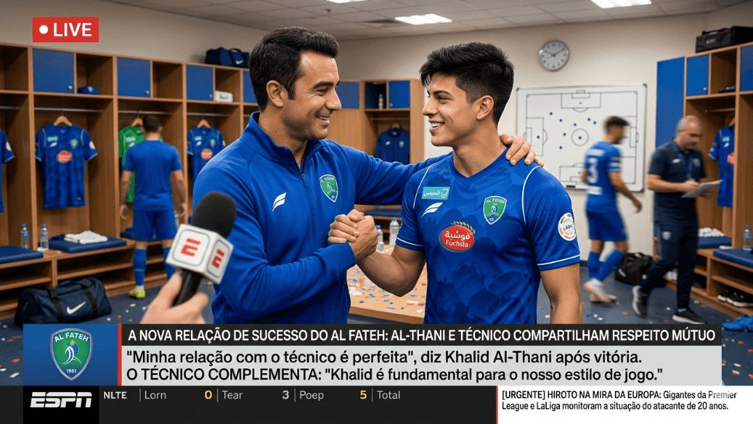 🔥 RESPEITO E UNIÃO NO AL FATEH! 🇸🇦 Após mais uma grande atuação, Khalid Al-Thani e o técnico Macheda demonstram o segredo do sucesso:…