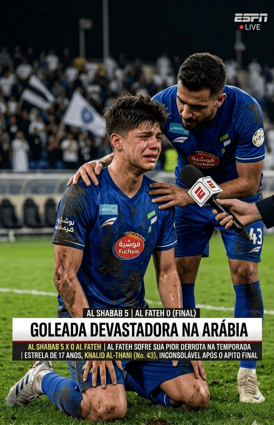 CENA FORTE EM RIADE! 💔🇸🇦 O apito final trouxe o peso da goleada para o jovem Khalid Al-Thani. Aos 17 anos, a promessa do Al Fateh não …