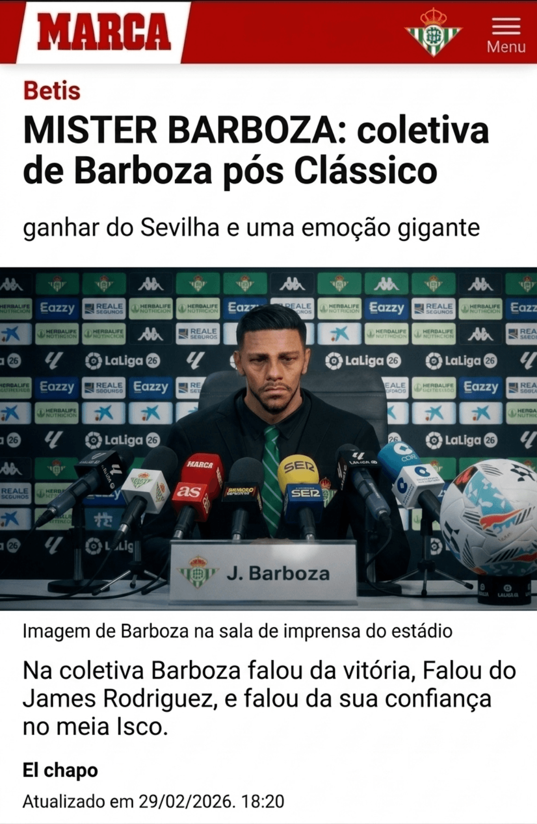 MARCA | Dérbi de Sevilha ⚪🔴 ​Barboza conquista a cidade! Após a vitória épica no clássico contra o Sevilla, o Mister analisou a raça da …