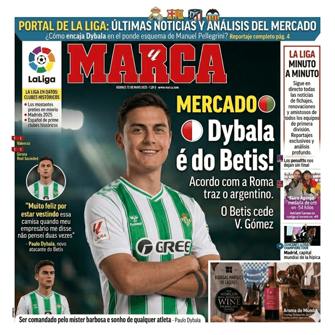 MARCA | Mercado ⚪🔴 ​Dybala é do Betis! Acordo com a Roma traz o argentino. O Betis cede V. Gómez, paga €30M e garante o craque por 3 ano…