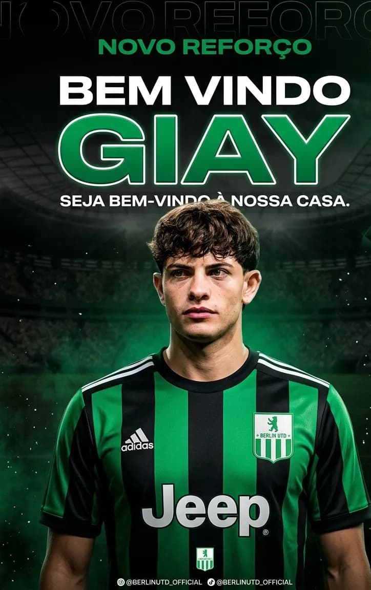 BEM VINDO GIAY 🤝💚 O Lateral Direito de 25 anos assina com o Berlin United por 2 anos vindo do Palmeiras.