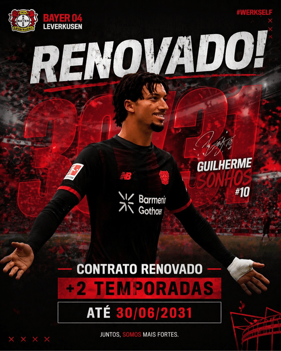 Renovado! 🔒 Mais 2 temporadas defendendo o manto da Werkself. 🔴⚫ A história continua… até 2031. 🇩🇪