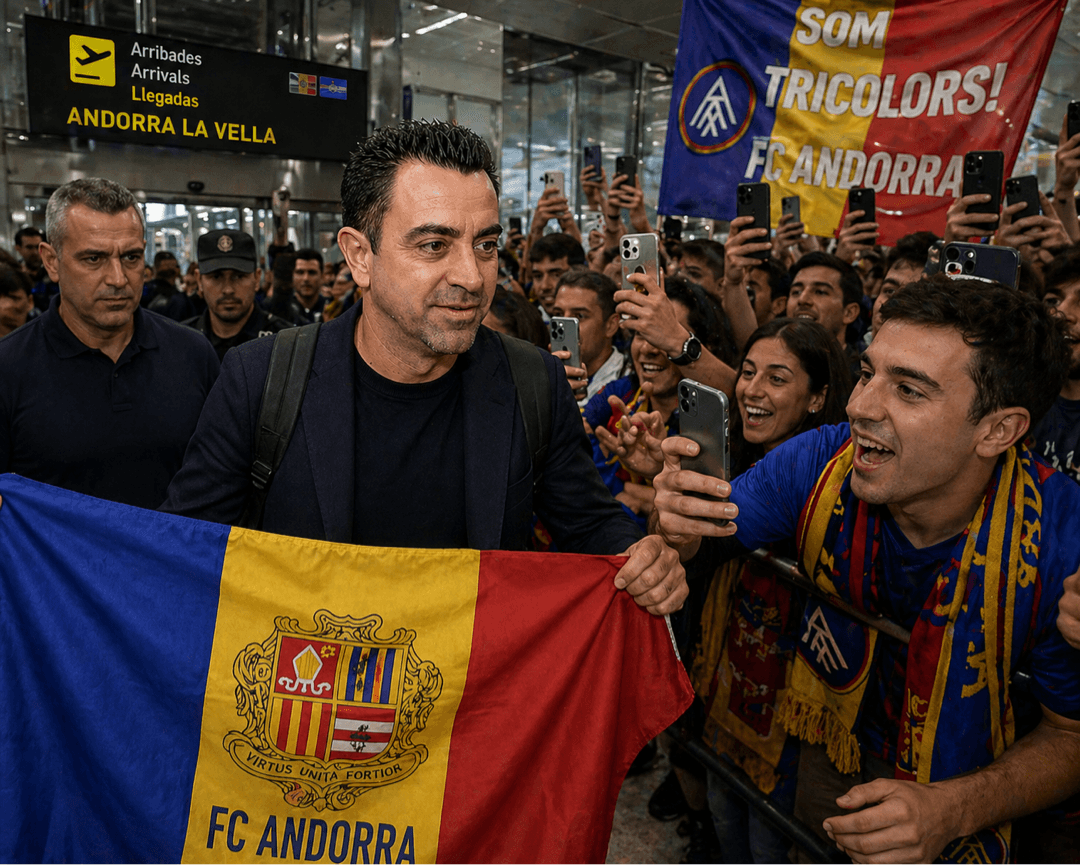 📍 ELE CHEGOU. Xavi Hernández desembarca em Andorra la Vella e já sente o calor da torcida do FC Andorra. 🔵🔴 Fãs, bandeiras, celulares……
