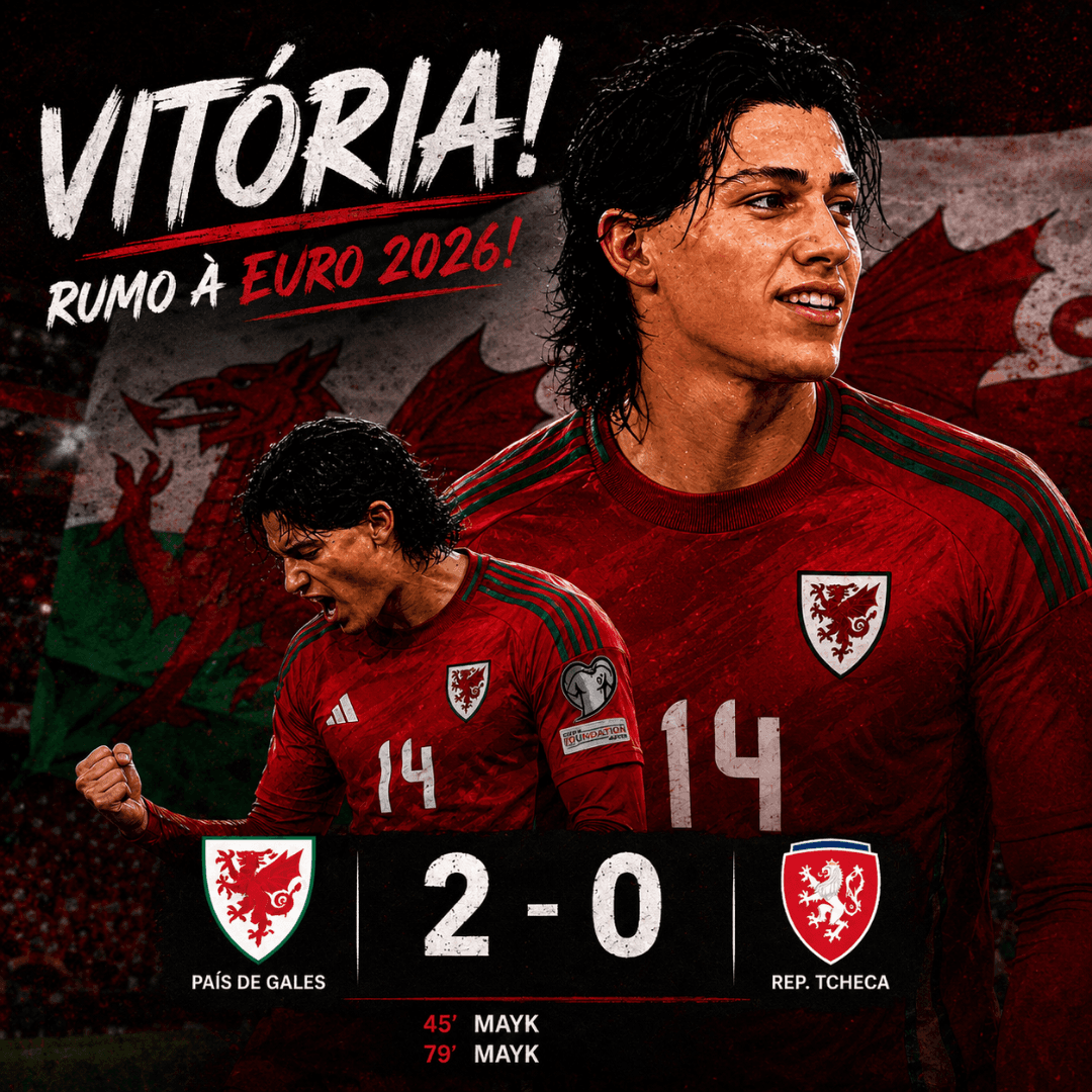 VITÓRIA IMPORTANTE! 🔥 RUMO À EURO 2026! 🏴 País de Gales 2–0 República Tcheca ⚽ 45’ MAYK 79’ MAYK Seguimos vivos na luta pelo sonho. ❤️💪