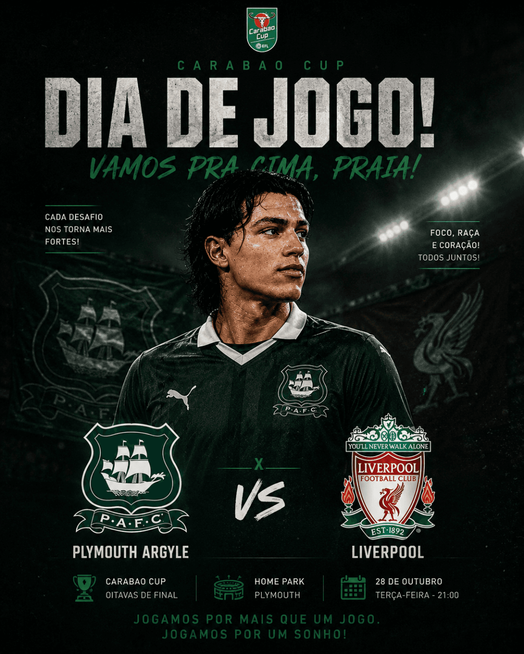 Noite de decisão pela Carabao Cup! 🏆🔥 O Plymouth Argyle encara o Liverpool em um confronto gigante nas oitavas de final. Depois de gran…