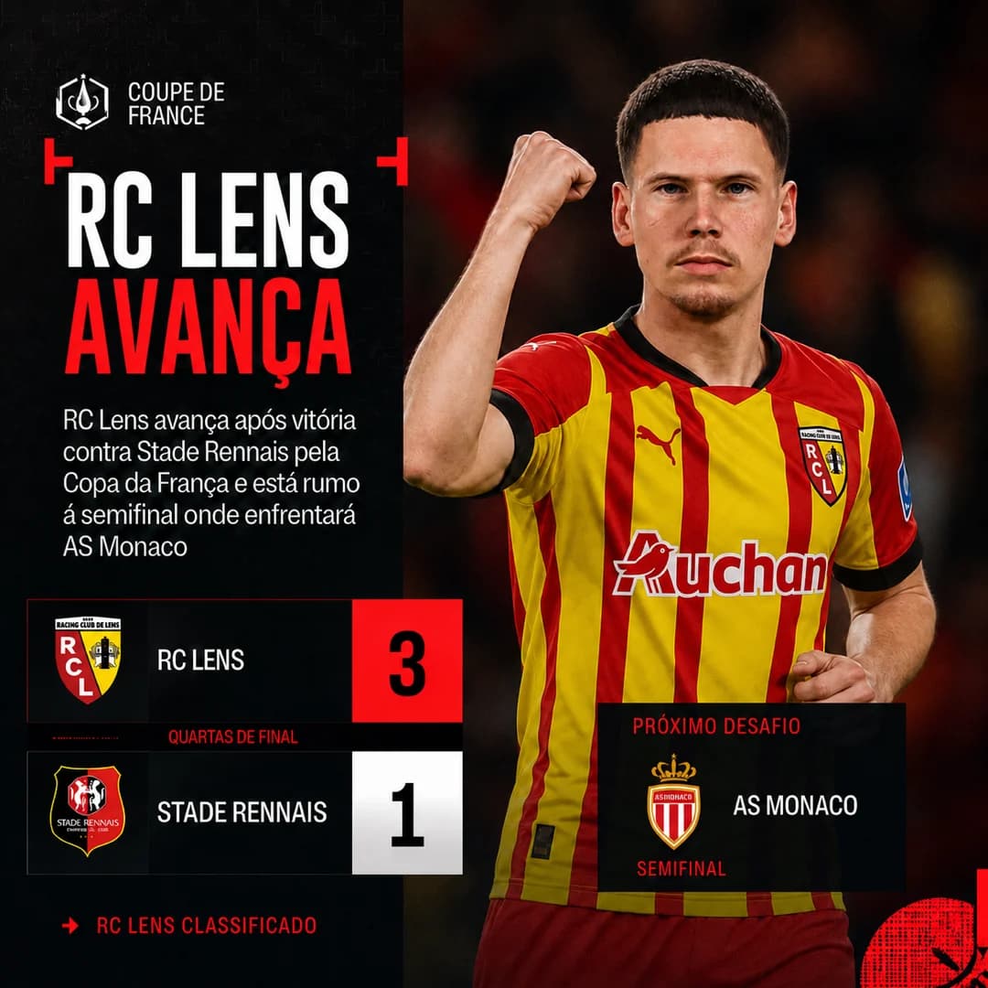 SEMIFINAL DECIDIDA! 👏🏼🇫🇷 RC Lens vence o Stade Rennais pelas quartas e avança para a semifinal onde jogará contra AS Monaco! Vai pega…