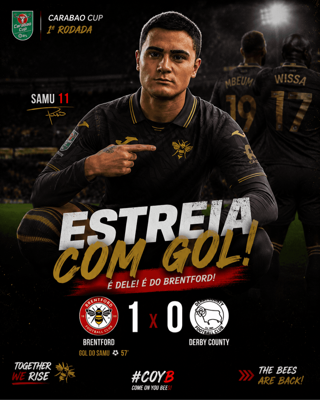 Primeiro jogo na Carabao Cup… primeiro gol também. ⚽🖤🐝 Muito feliz por ajudar a equipe com a vitória! 🙏 Brentford 1x0 Derby County. Se…
