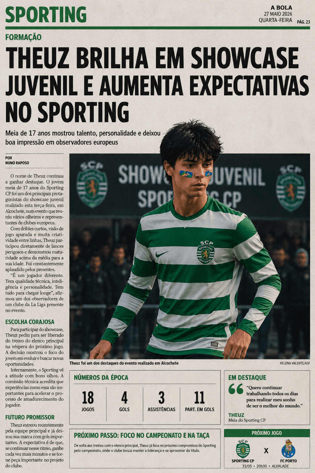 THEUZ CHAMA ATENÇÃO EM SHOWCASE JUVENIL E REFORÇA STATUS DE JOIA DO SPORTING -O jovem meia Theuz, de apenas 17 anos, foi um dos destaques…